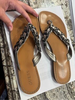 GUESS Tan Footbed Sandals with Metallic Silver Braided Chain Straps
